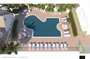 a birds eye view of a pool in a residential yard